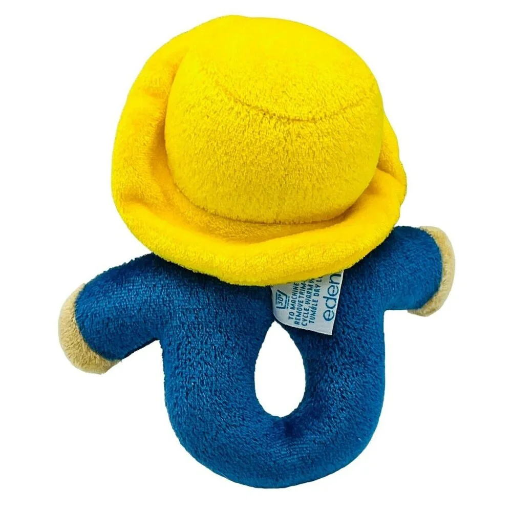 Eden Toys Paddington Bear‎ Rattle Yellow Hat Blue Body Plush 6 inch Vintage